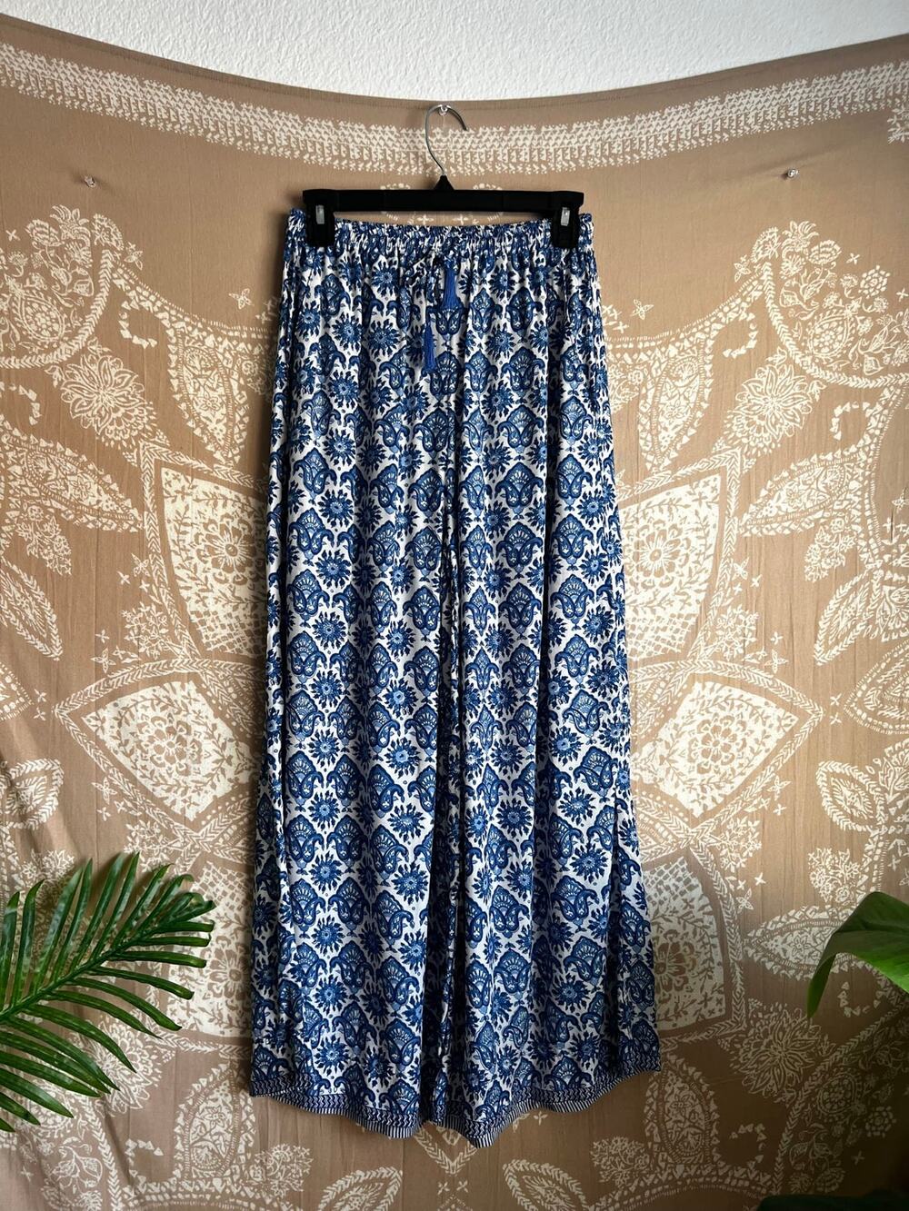 Natalie Martin Fleur De Lis Blue Block-Print Wide-Leg Palazzo Pants Size XS